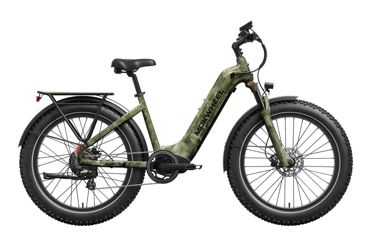Mokwheel Basalt 2.0 Step Thru eBike in Jungle Camo color, side view, against a white background
