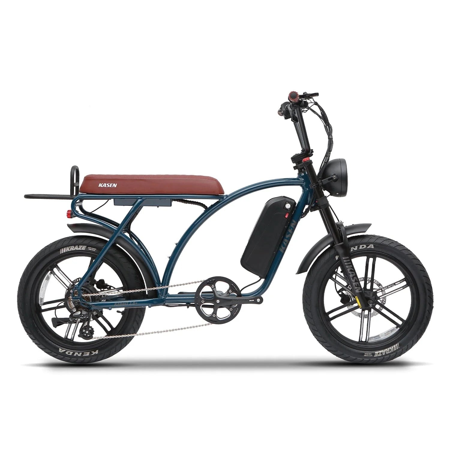 Retro blue KASEN Kabbit Plus 2.0 electric bike with 1000W motor, 20x4 fat tires, and e-moto style design.
