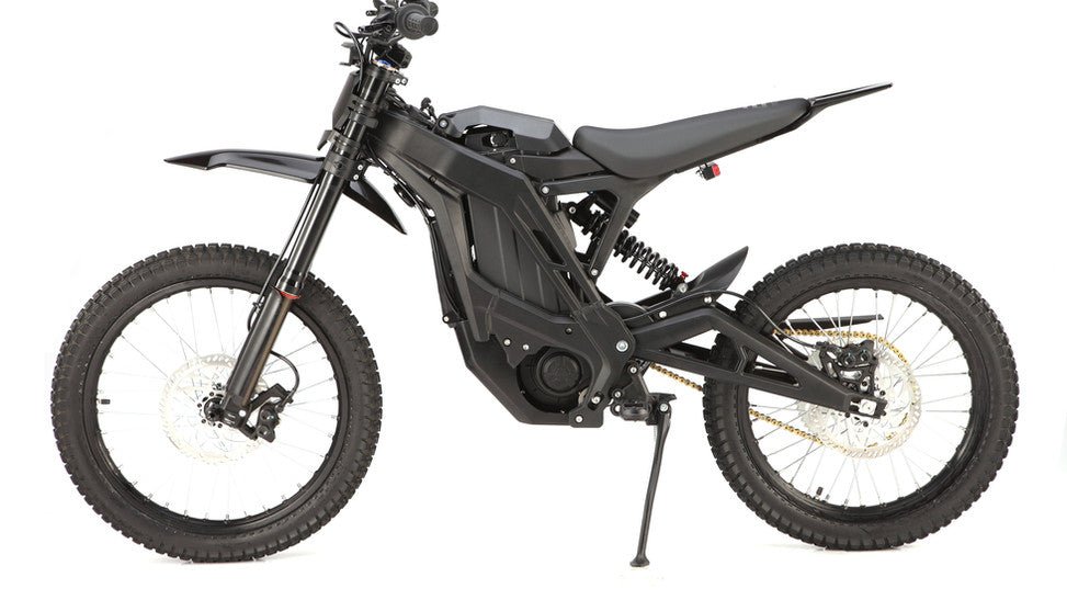 eMOTO eRide Pro SS 3.0 electric dirt bike in black and red, side view, featuring a 72v 6000W motor, off-road tires, and a modern frame design.
