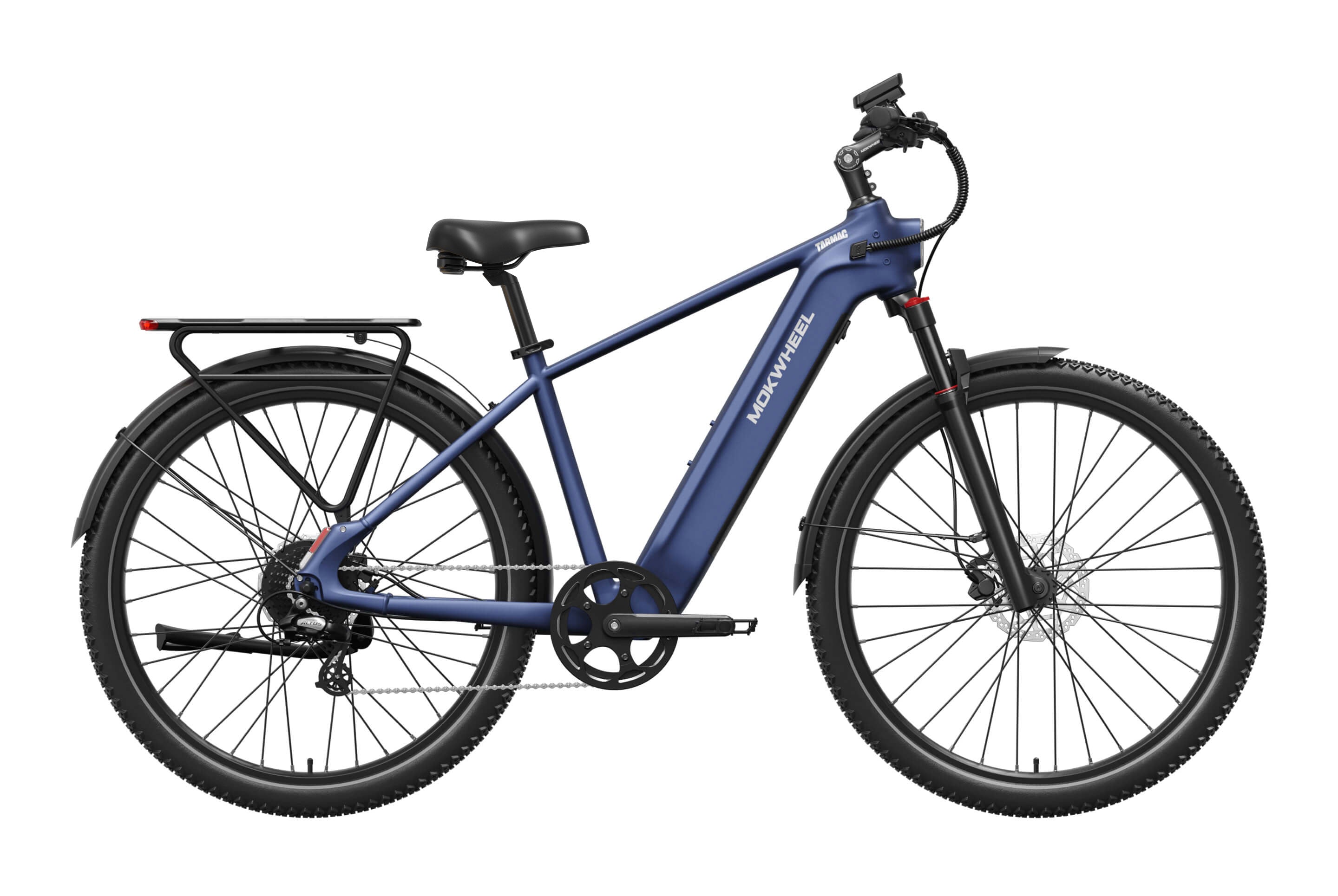Mokwheel Tarmac eBike in Marine Blue, side view, showcasing frame design and tires