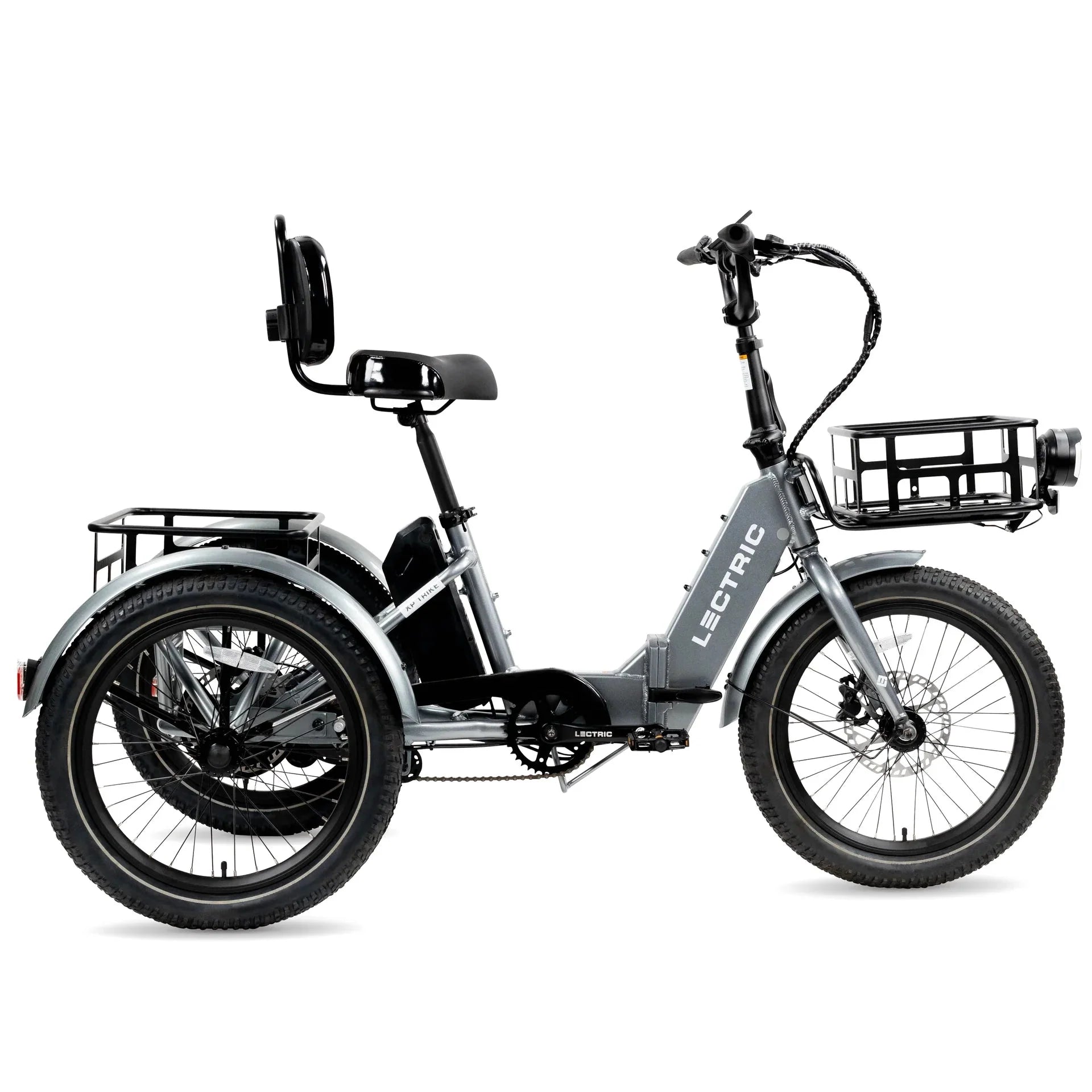 LECTRIC Electric XP Trike 500W 48V folding fat tire eBike, black, displayed in store