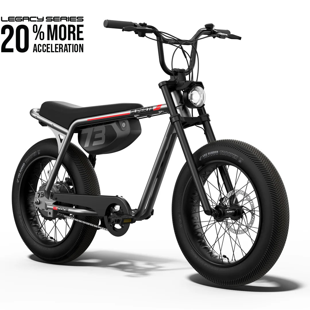 Side view of the Super73 Z Miami Core electric bike in a studio setting, showcasing its compact frame, thick tires, and minimalist design.