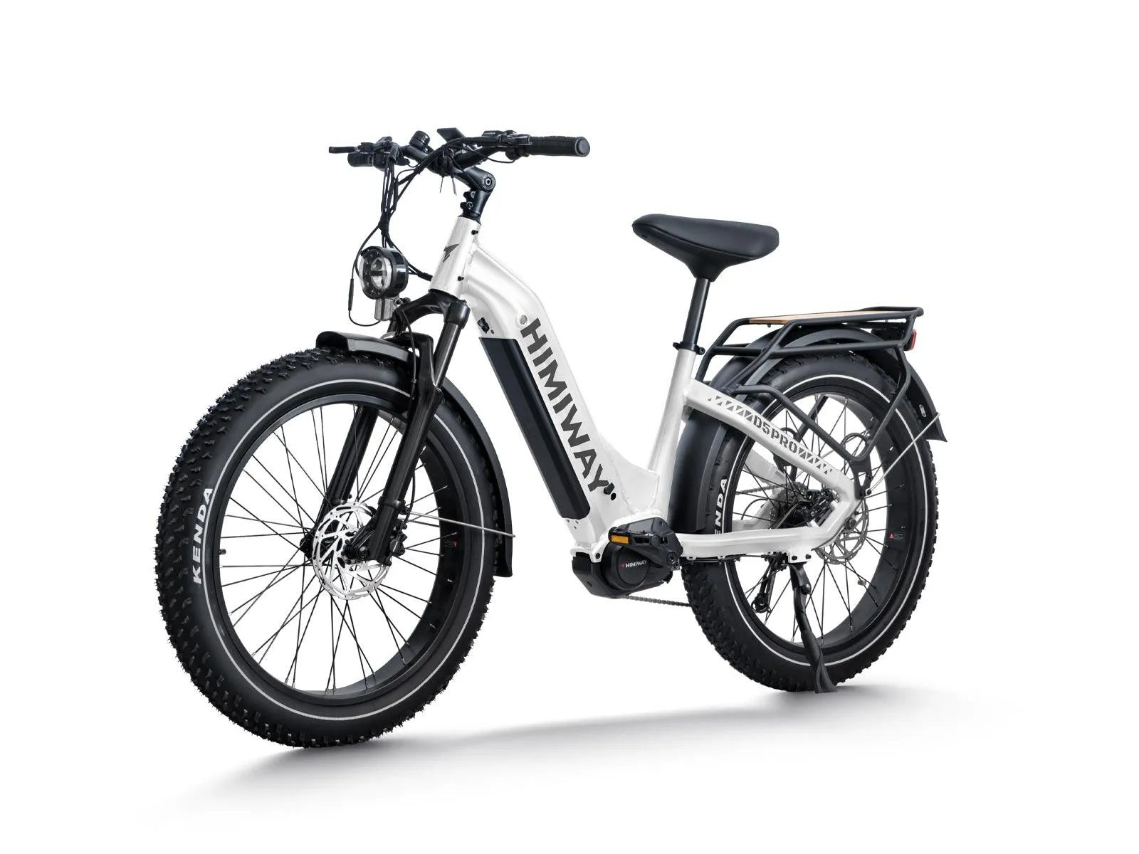 White Himiway D5 Pro Step Thru electric bike, side view, showcasing frame design and battery placement