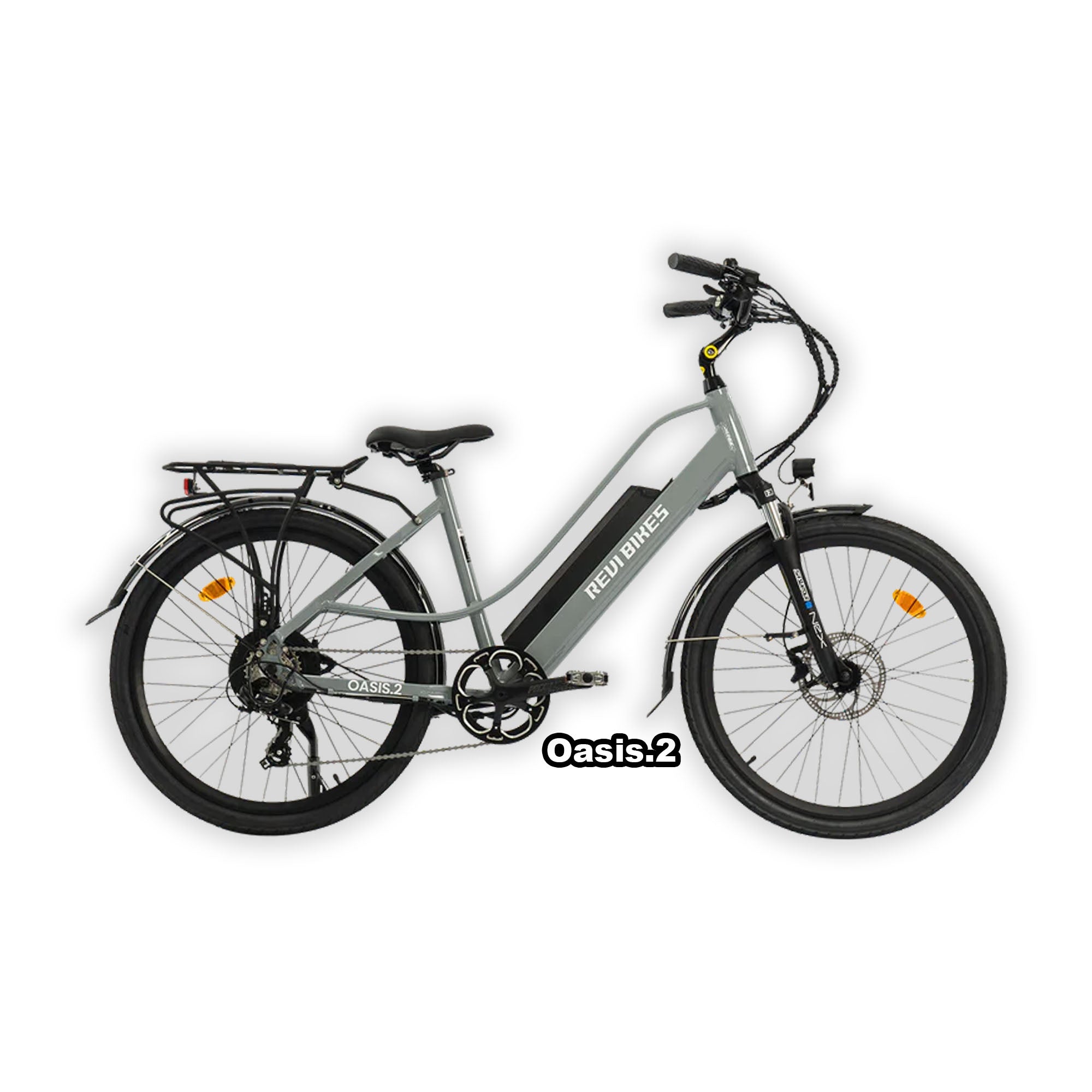 Gray eBike Revi Oasis.2 ST in box, product image, side view