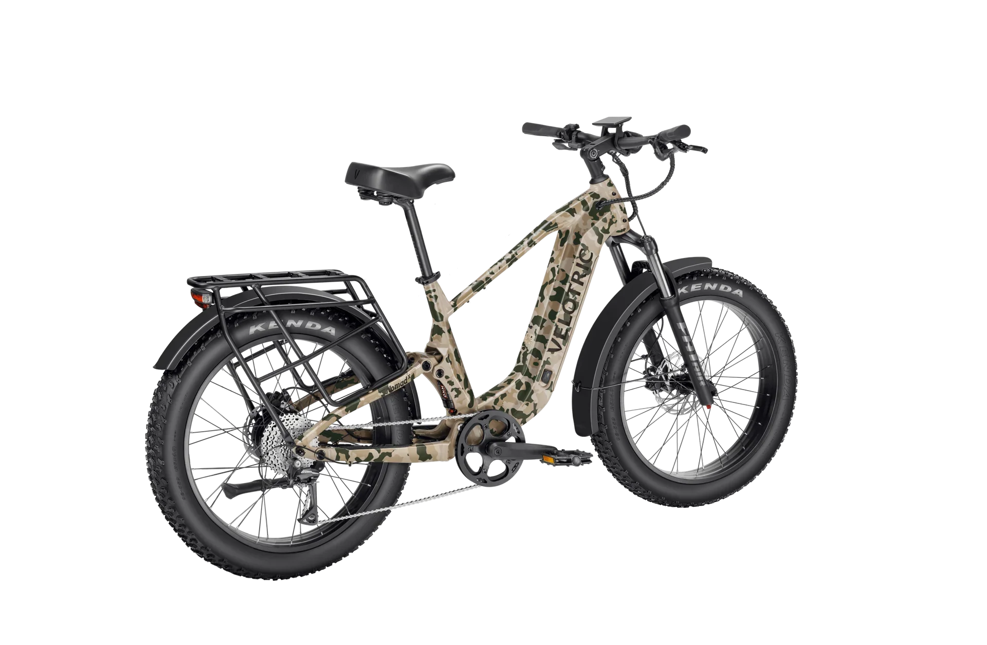Side view of the Velotric Nomad 2X eBike in matte black, showcasing its sturdy frame, thick all-terrain tires, and integrated battery.