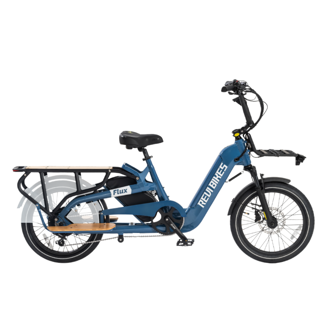 Revi Flux electric cargo eBike in Navy Blue, side view