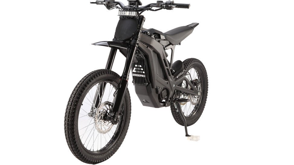 Side view of the eMOTO eRide Pro SS 3.0 Electric Dirt Bike in black, showcasing its 72v 6000W motor, rugged tires, and modern frame design.
