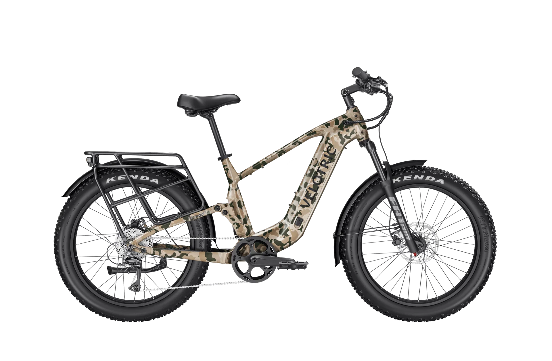 Velotric Nomad 2X eBike in Multi-Terrain Camo color, High Step frame, shown on a white background.