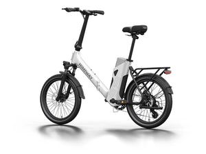 White Himiway B3 electric bike side view, showcasing frame design, wheels, and battery compartment against a plain background.