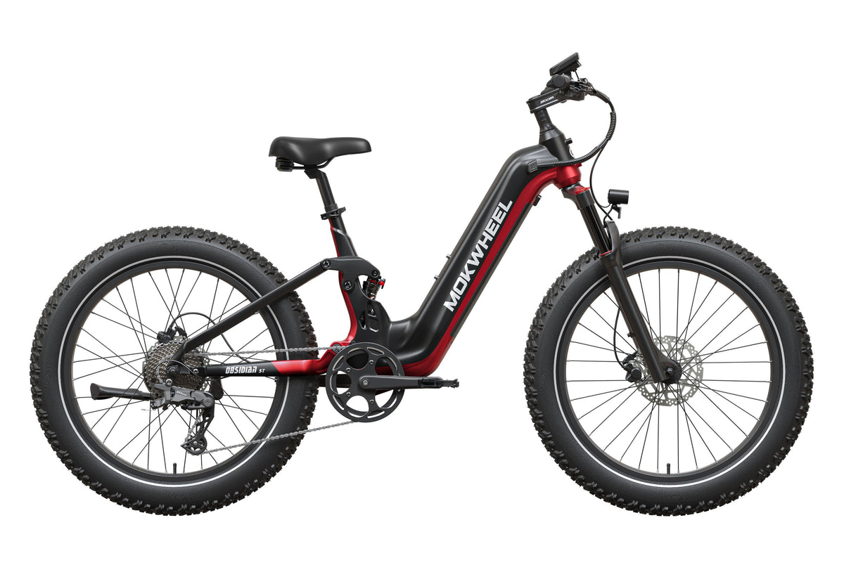 Mokwheel Obsidian 2.0 step-thru electric fat tire eBike in Black and Red, side view