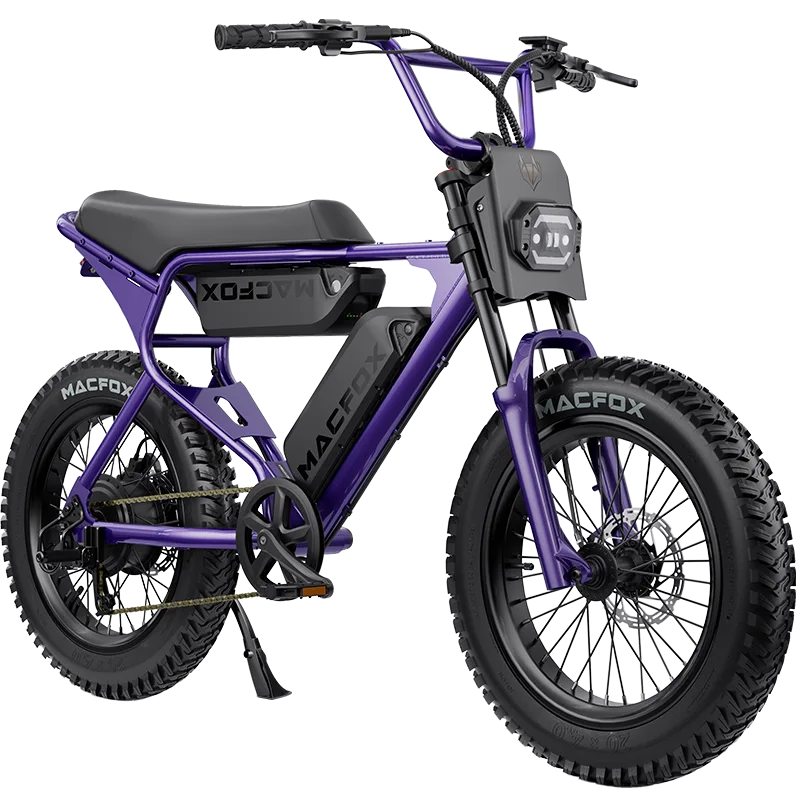 Macfox X1S electric moto-style eBike in Nebula Purple, dual battery