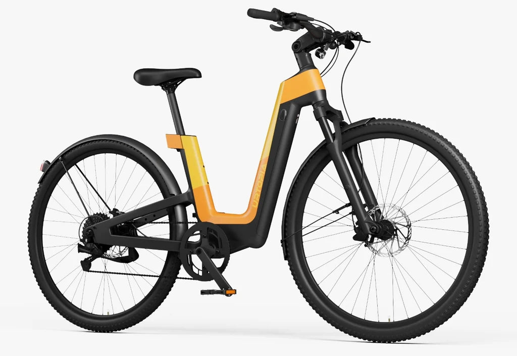 Side view of the Urtopia Carbon Fusion Pro eBike in Vital Orange, showcasing its sleek carbon frame, integrated battery, and modern design against a plain background.