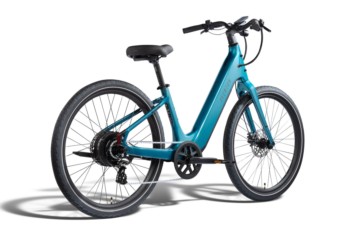 Aventon Pace 5 REC electric bike, step-thru frame in Lagoon color, side view on white background