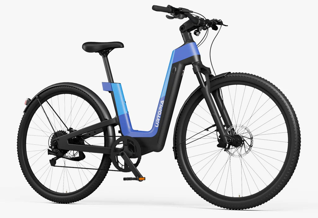 Side view of the Urtopia Carbon Fusion Pro eBike in Deep Sea Blue, showcasing its sleek carbon frame, integrated battery, and modern design against a plain background.
