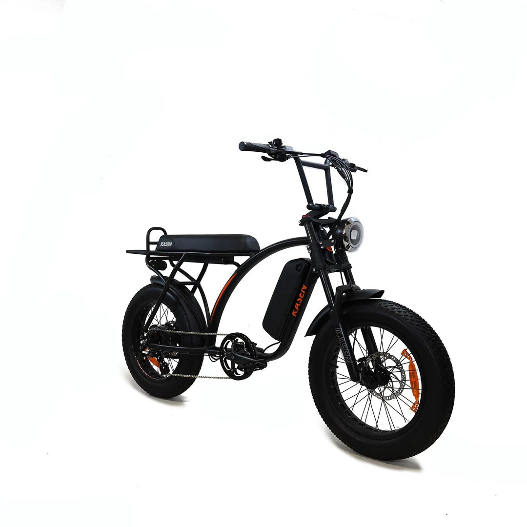 Side view of a black Kasen Kabbit Classic eBike with a step-through frame, front basket, and rear rack, displayed on a white background.