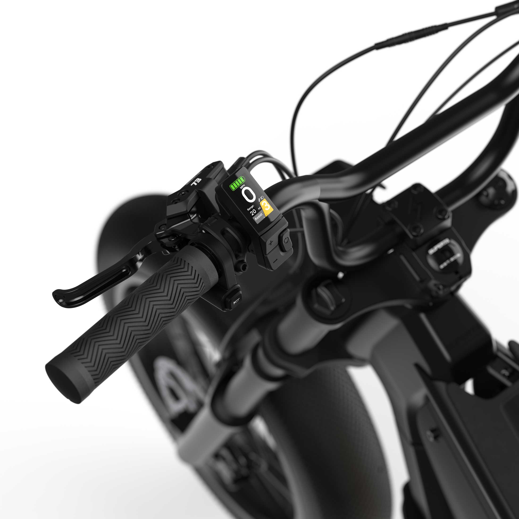 Side view of the Super73 B1G SE eMOTO eBike in a showroom, showcasing its black frame, thick tires, and retro design; labeled as in-store pickup only.
