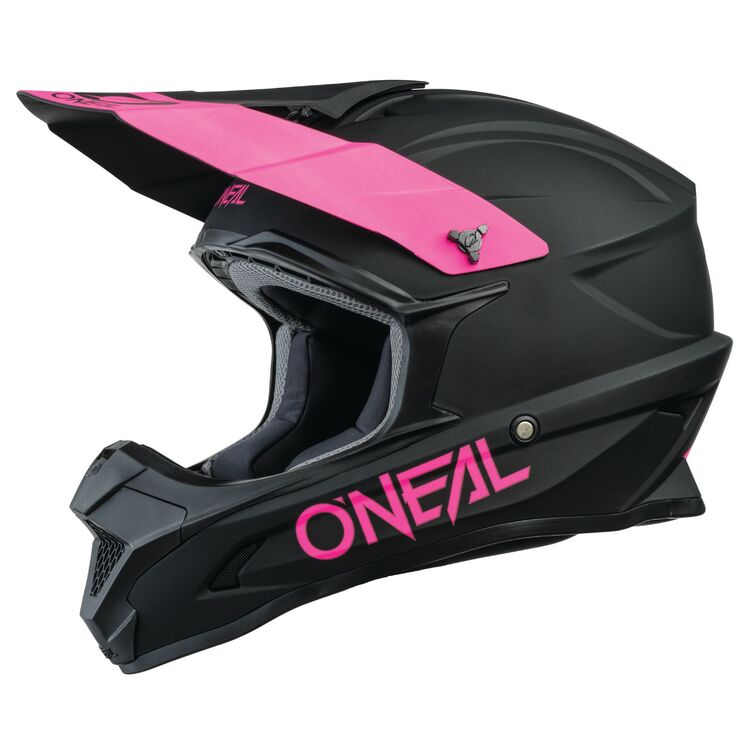O'Neal 1 SRS eMOTO helmet in 2X Large, black with pink accents, side view