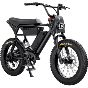 Side view of the Macfox X2 eBike with dual batteries, shown without fenders, against a plain background.