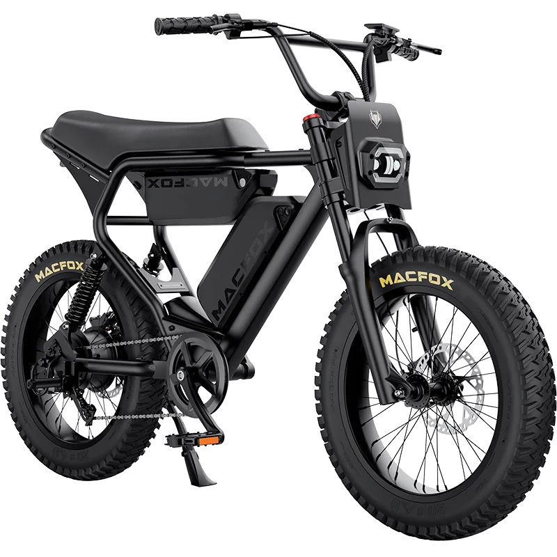 Side view of the Macfox X2 eBike with dual batteries, shown without fenders, against a plain background.