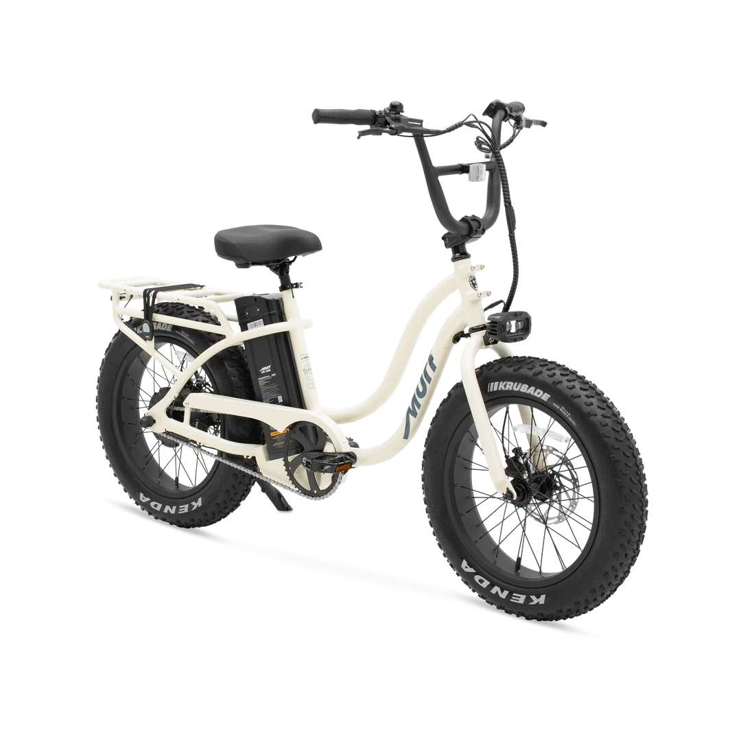 Side view of the Murf Higgs ST eBike in Bone color, showcasing its step-through frame, wide tires, and minimalist design against a plain background.