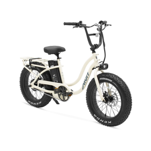 Side view of the Murf Higgs ST eBike in Bone color, showcasing its step-through frame, wide tires, and minimalist design against a plain background.