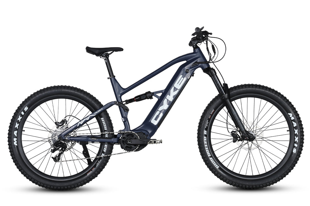Dark blue eBike Cyke Falcon A, side view, showcasing sleek frame and modern design