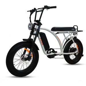 White Kasen Kabbit Classic eBike side view, showcasing step-through frame, black saddle, and rear cargo rack.