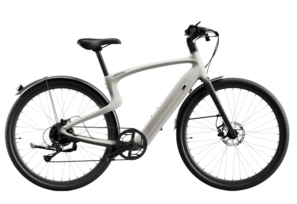 Urtopia Carbon Classic eBike in creme color, shown in small, medium, and large sizes
