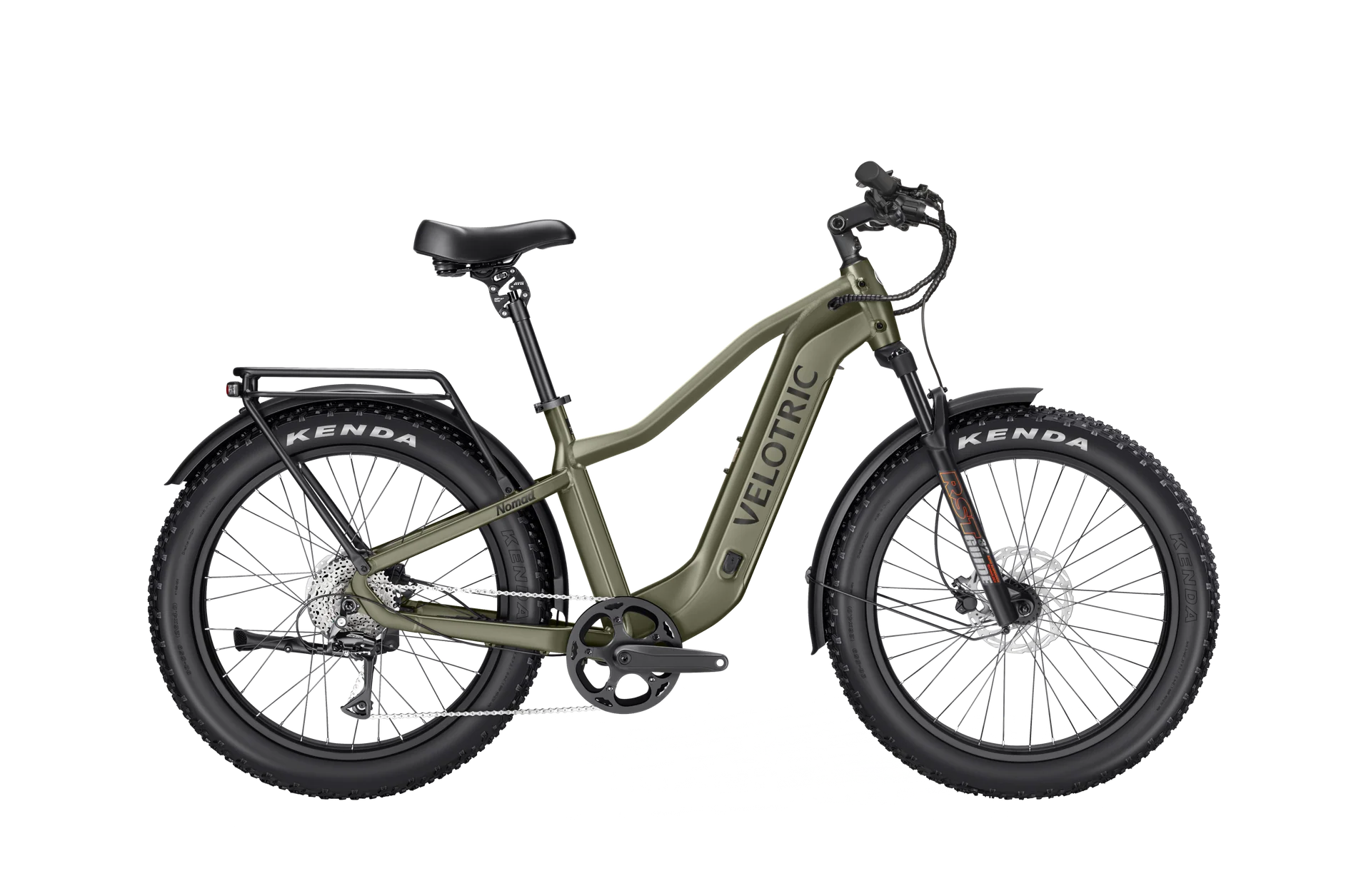 Velotric Nomad 2 eBike in olive green, high-step frame, side view on a white background