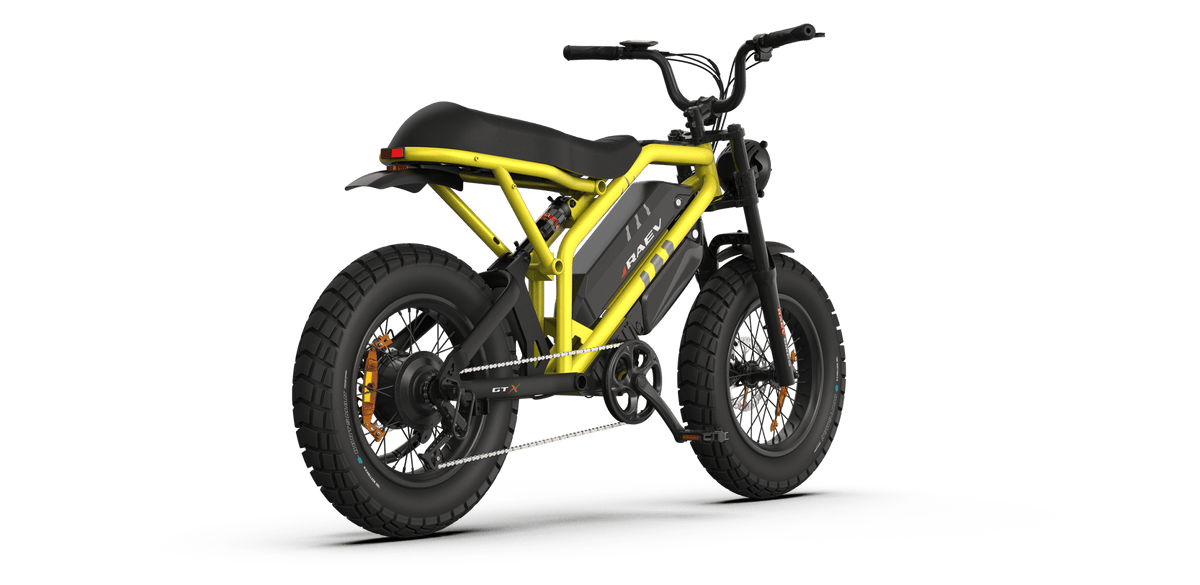 A black eMOTO RAEV Bullet GTX electric bike with a 1500W motor, dual suspension, and moto-style frame, shown from a side angle against a white background.