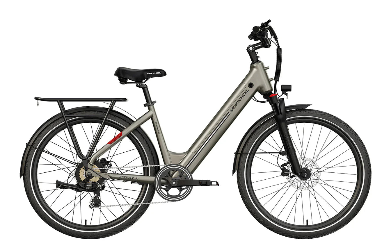 Brown MOKWHEEL Asphalt ST 500W step-thru urban electric beach cruiser eBike with 27.5x2.4 tires, shown in product image.