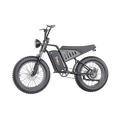 Side view of the Freego S1 Cafe Racer eBike in black, showcasing its retro-inspired frame, large tires, and brown leather seat against a plain background.