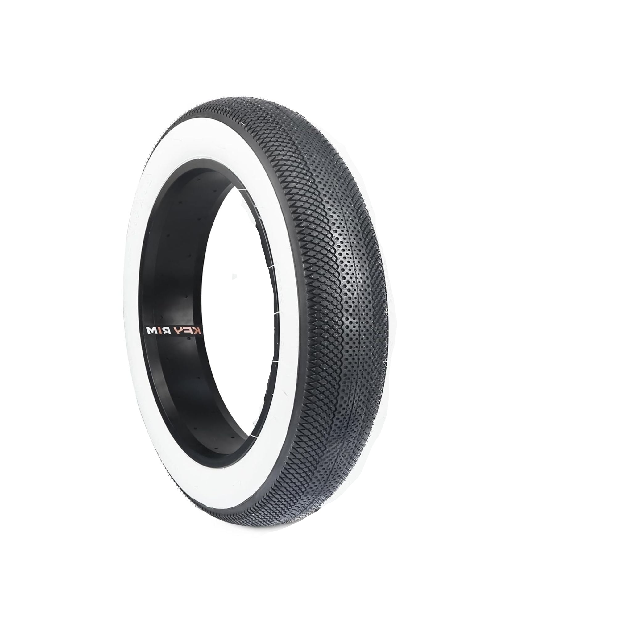 20x4 white wall eBike tire with lizard skin tread pattern, product image on white background