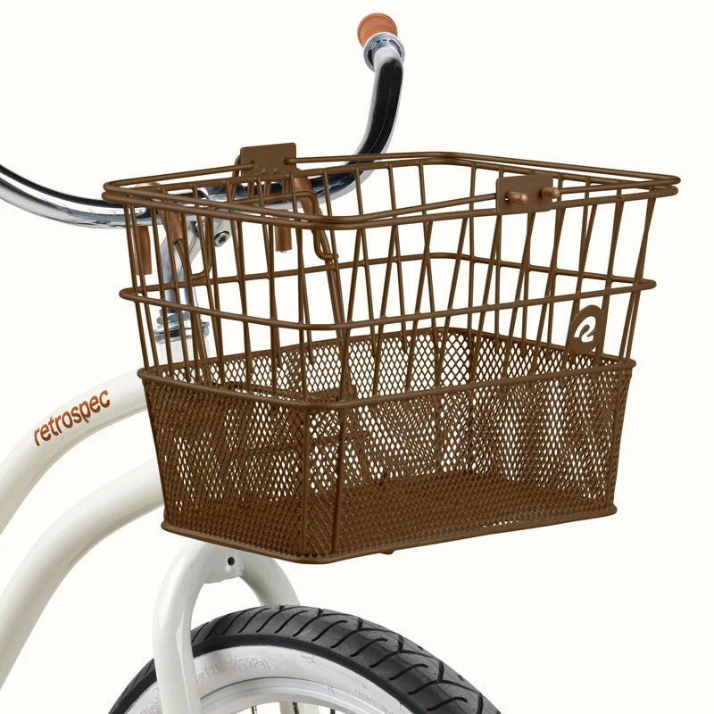 Brown Retrospec Apollo steel eBike basket attached to a bicycle, product image on white background.