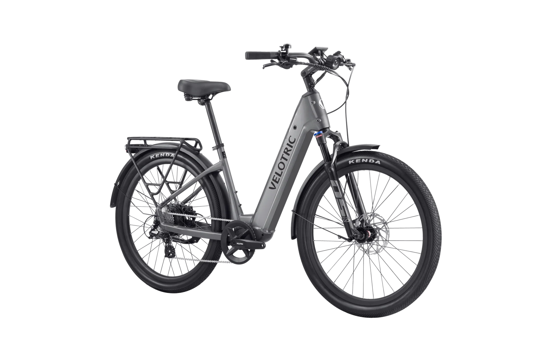 Velotric Discover 2 electric bike in Stone Gray color, side view, displayed against a plain background.