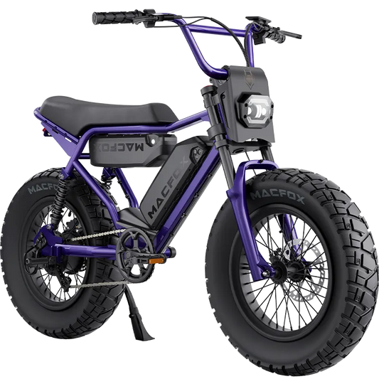 Macfox X2 Pro electric moto-style eBike in Nebula Purple, dual battery