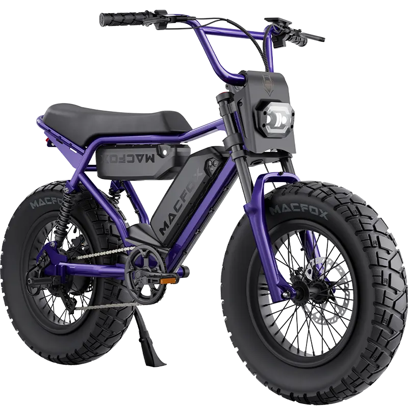 Macfox X2 Pro electric moto-style eBike in Nebula Purple, dual battery