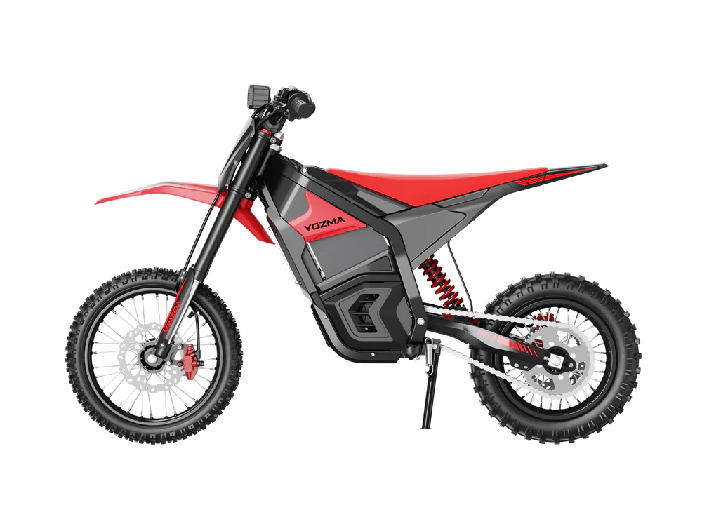 Side view of the eMOTO Yozma IN 10 electric scooter in black, showcasing its sleek frame, wide deck, and large wheels against a plain background.