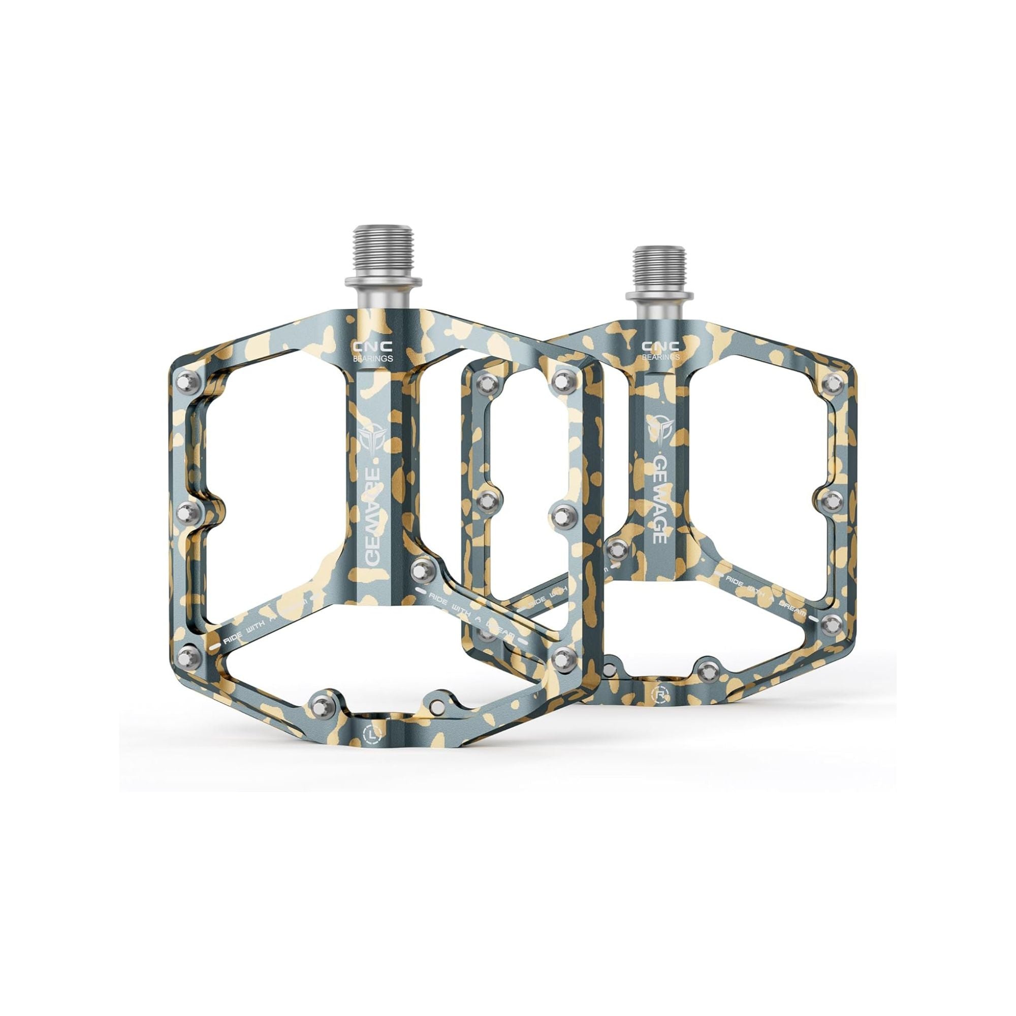 Yellow alloy bicycle pedals with a yellow camouflage pattern, shown in product image labeled "Yellow 10."