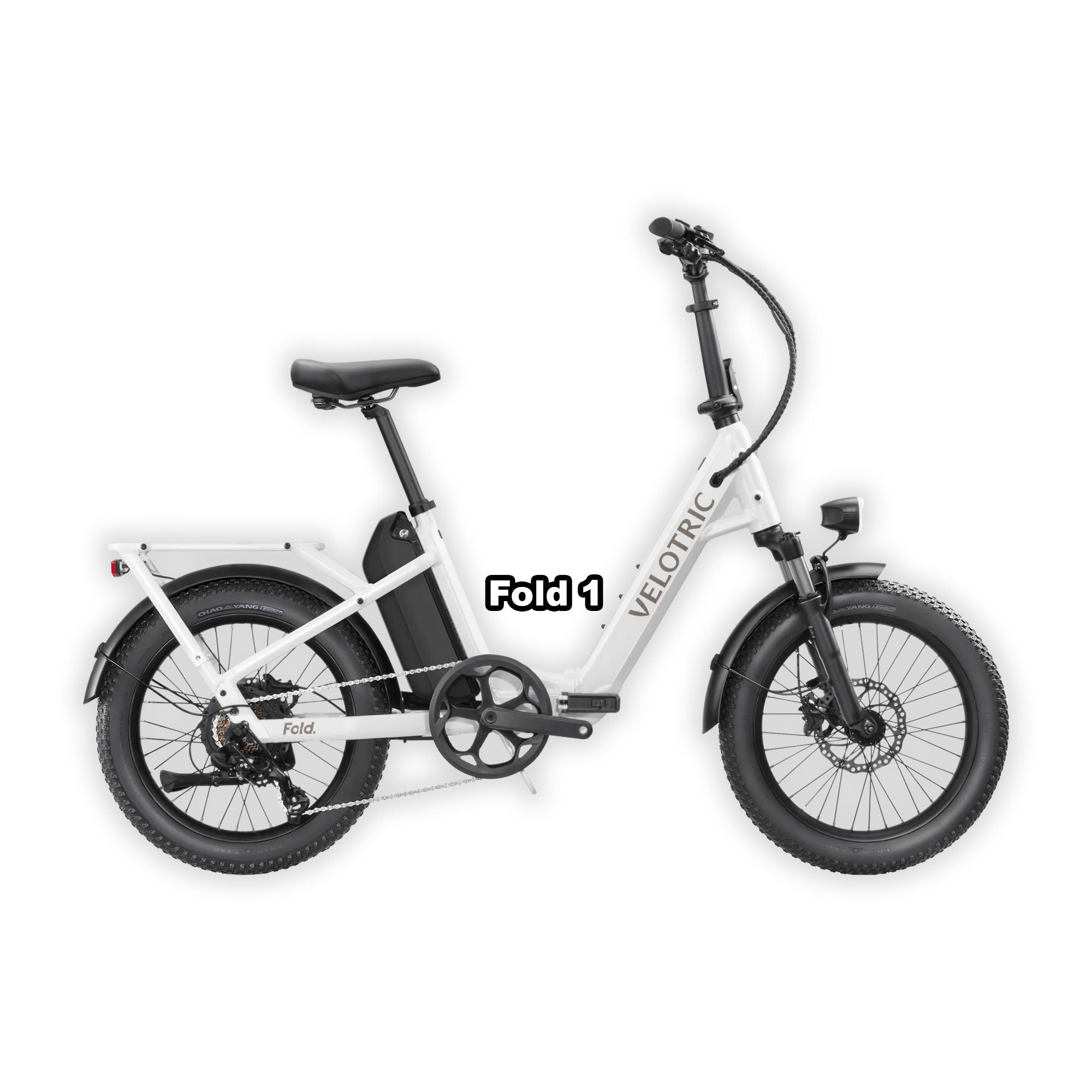 Velotric Fold 1 eBike in pearl white, folded and placed inside its box, product image on a white background