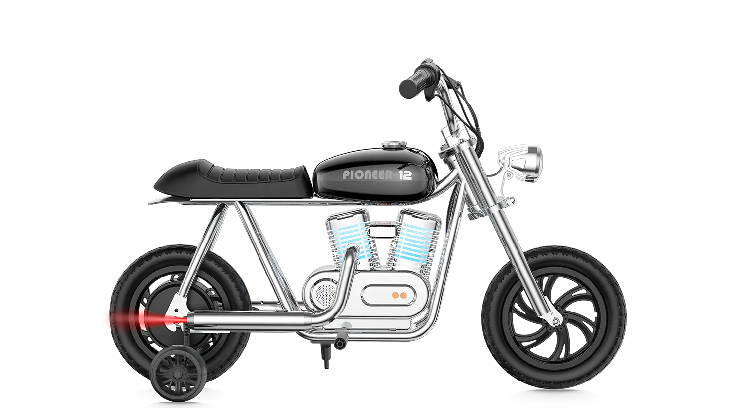 Black eMOTO Hyper Gogo Pioneer 12 Plus electric bike with training wheels, shown in side view; features app connectivity.