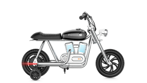 Black eMOTO Hyper Gogo Pioneer 12 Plus electric bike with training wheels, shown in side view; features app connectivity.