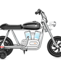 Black eMOTO Hyper Gogo Pioneer 12 Plus electric bike with training wheels, shown in side view; features app connectivity.