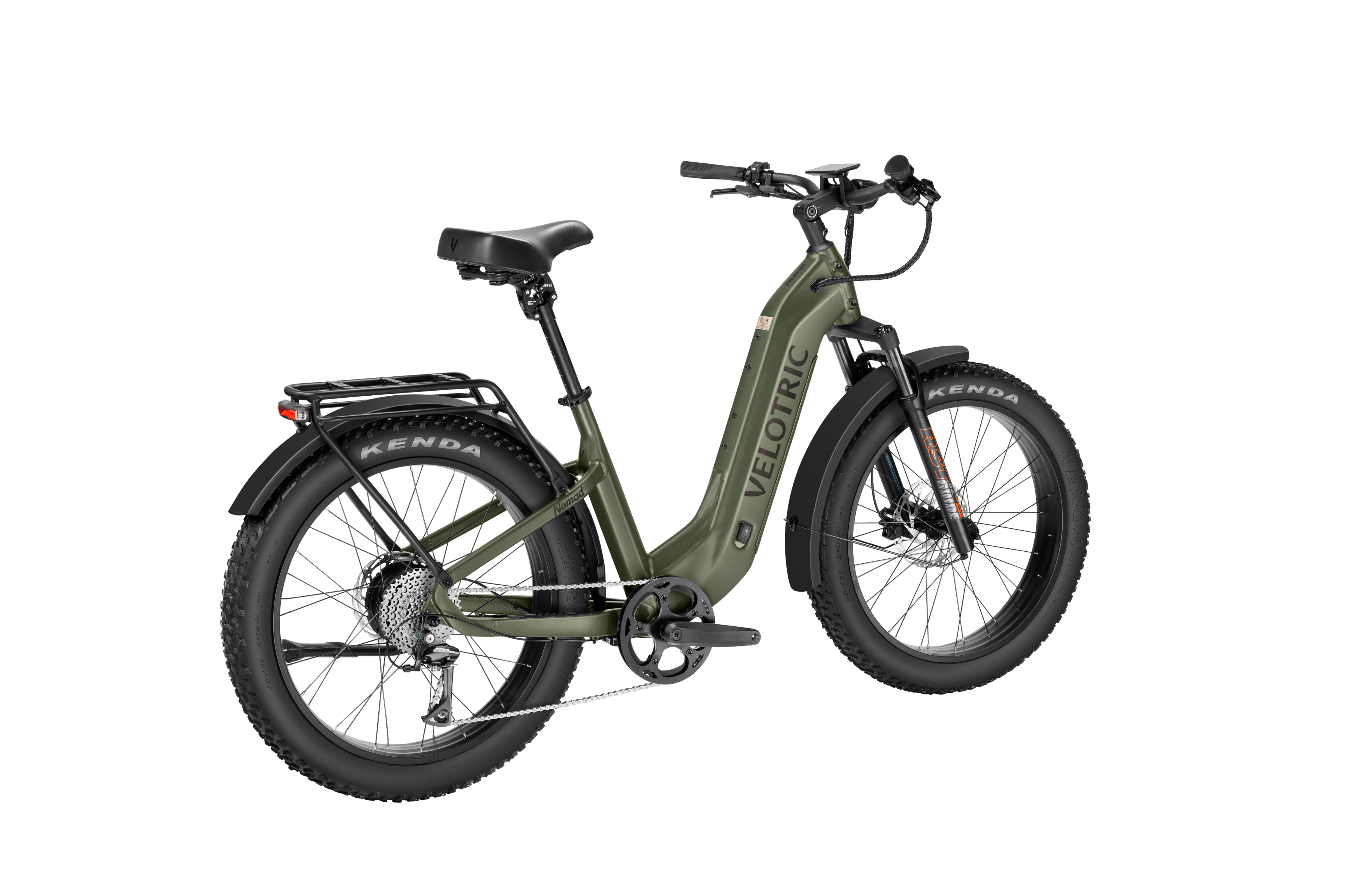 Olive green Velotric Nomad 2 eBike side view with fat tires and rear rack
