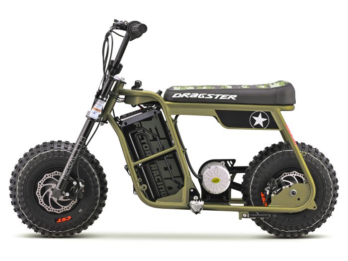 eMOTO EBOX Dragster electric bike in khaki color, side view, displayed on a white background