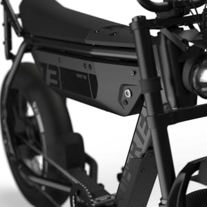 Super73 B1G SE eMOTO eBike in black, displayed in-store, side view showing thick tires and retro design