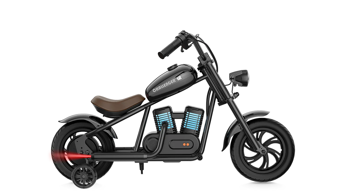 Black eMOTO Hyper Gogo Challenger 12 Plus electric bike with training wheels, side view