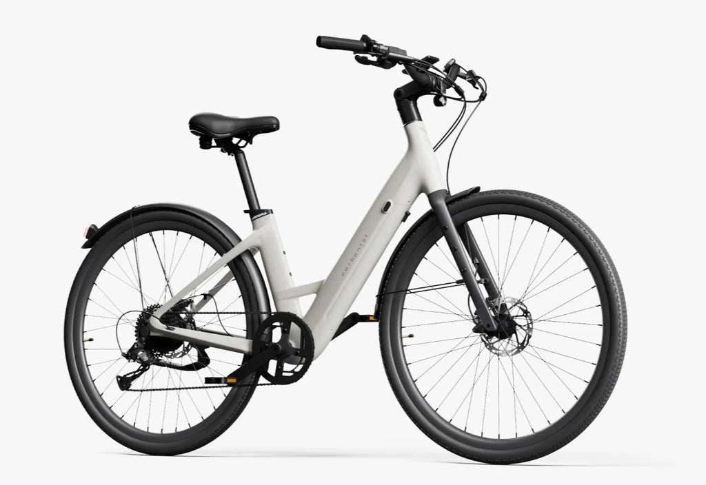 Side view of the Urtopia Carbon Classic Step Thru eBike in creme color, showcasing its lightweight carbon frame, step-through design, and sleek modern styling against a plain background.