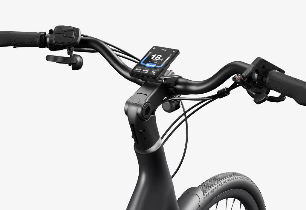 Side view of the Urtopia Carbon Classic Step Thru eBike in matte black, showcasing its lightweight carbon frame, step-through design, and sleek modern styling against a plain background.