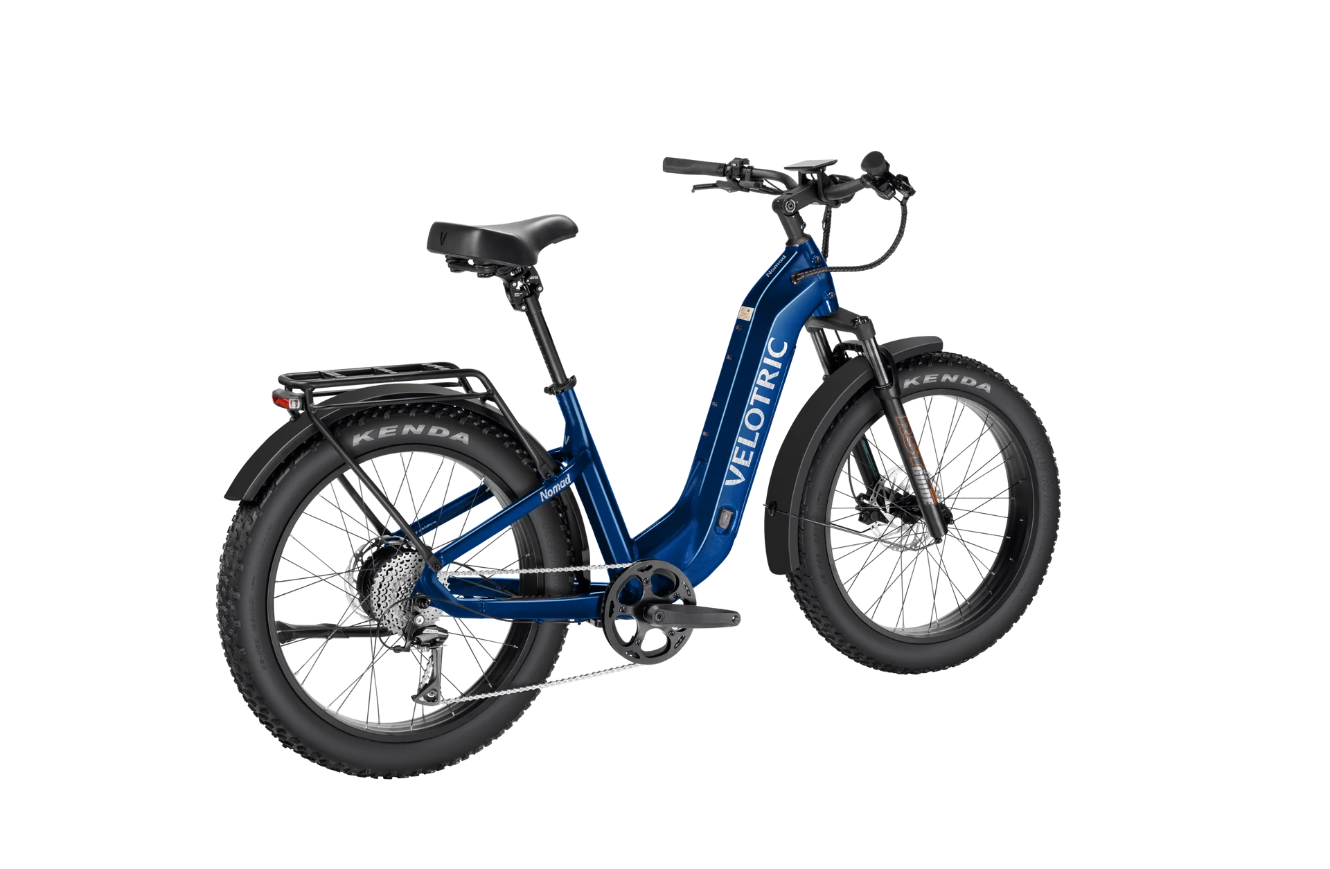 Velotric Nomad 2 electric bike in Midnight Blue, side view, showcasing sturdy frame and fat tires